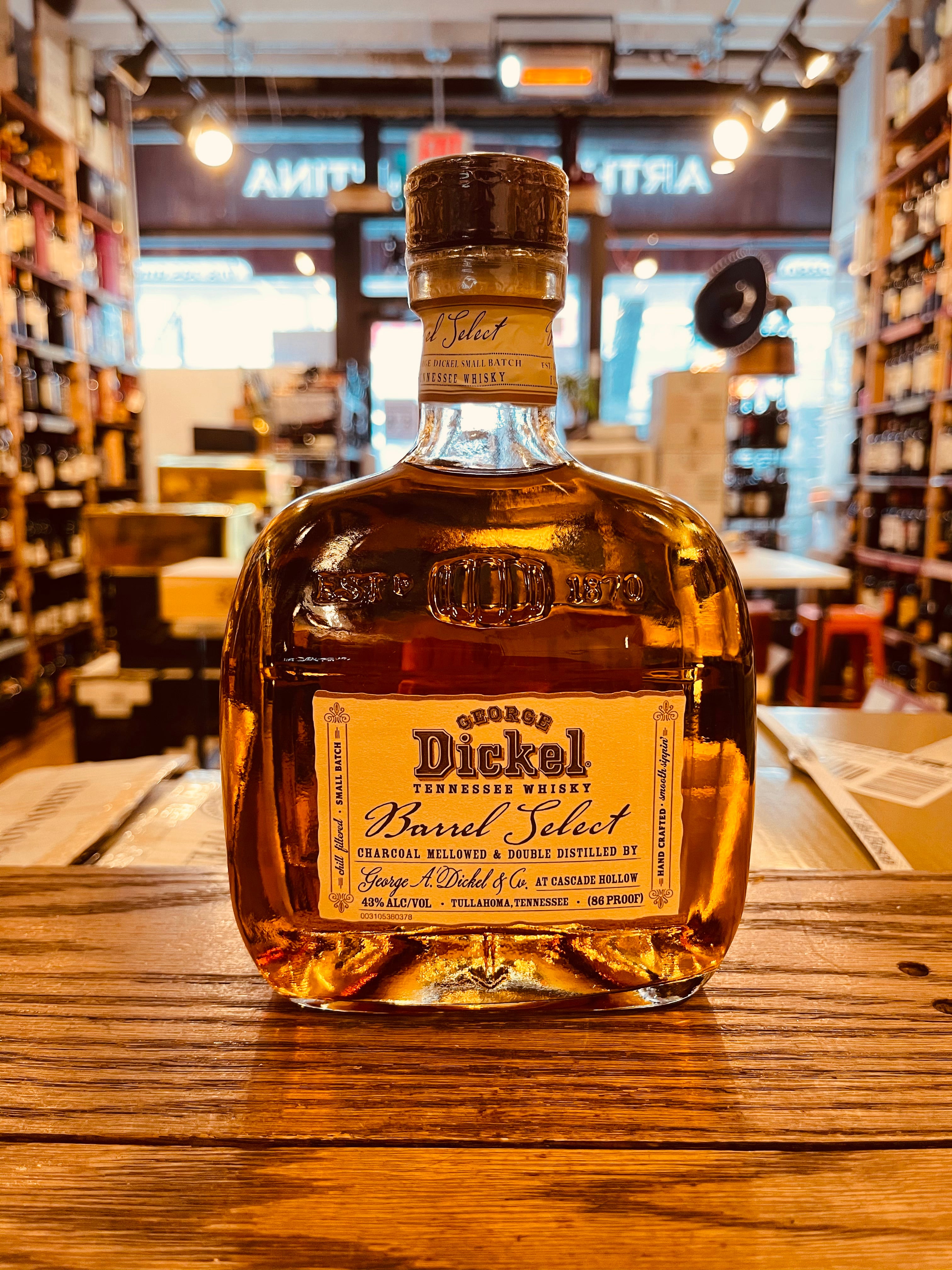 George Dickel Barrel Select 750mL short flat squat square rounded bottle with a beige label and wooden top