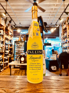 Pallini  Limoncello 750mL a tall slender frosted glass bottle with green lettering and a golden top
