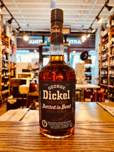 George Dickel Bottled in Bond 750mL round shouldered clear bottle with a black label and black top
