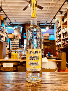 Belvedere Organic Infusions Lemon & Basil 750mL a tall slender clear bottle with yellow and white label