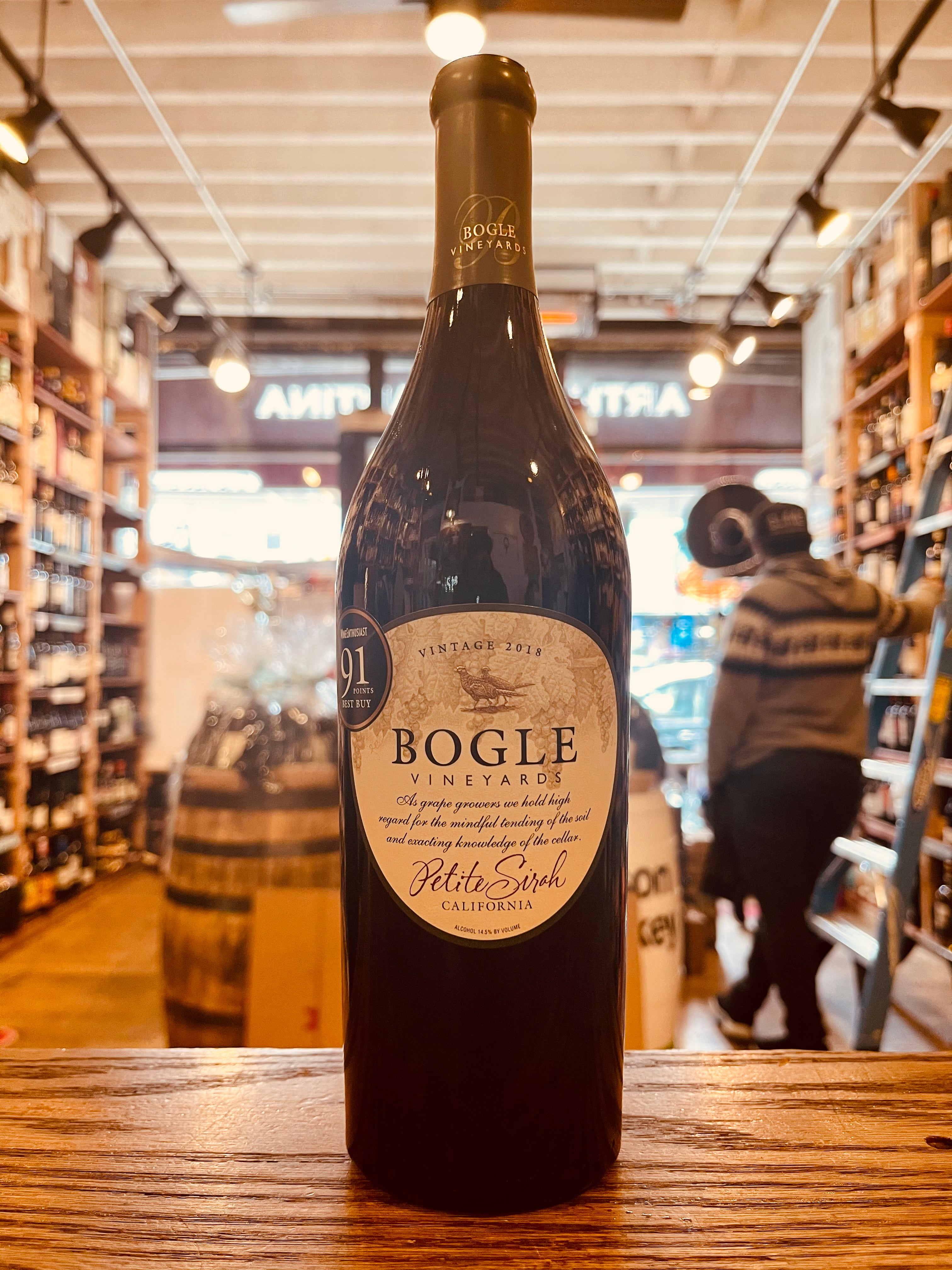 Bogle Petite Sirah 750mL dark bottle of wine with a white label and beige top