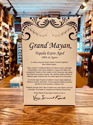 Grand Mayan Extra Aged Tequila 750mL the backside of a white box with black lettering