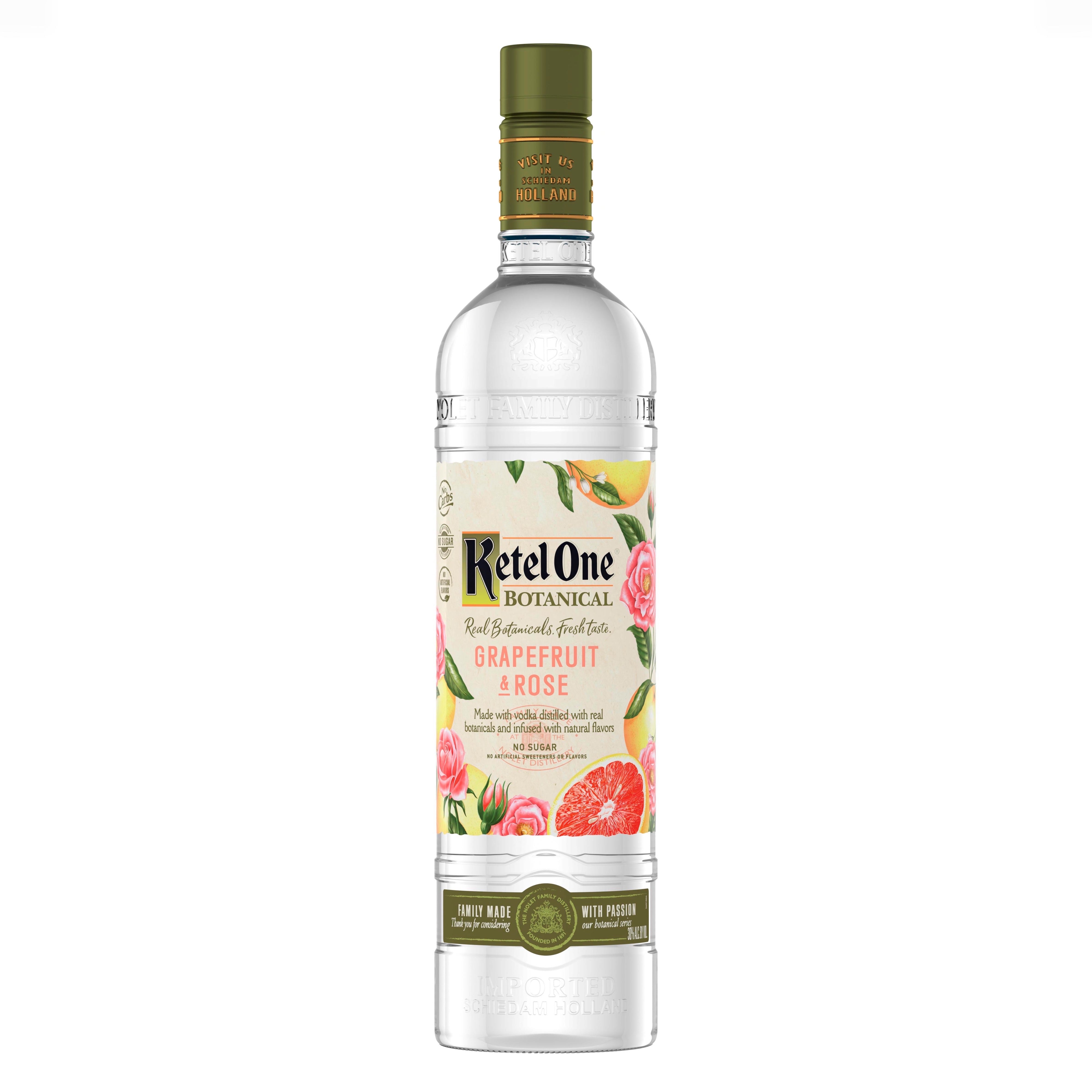 Ketel One Botanical Grapefruit & Rose 750mL a tall slender clear glass bottle with a white label and green top