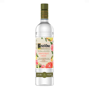Ketel One Botanical Grapefruit & Rose 750mL a tall slender clear glass bottle with a white label and green top