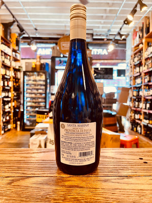 Santa Marina Moscato Frizzante 750mL the backside of a bottom heavy blue glass bottle with a white label and silver top