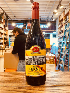 Fenetti Fernet Amaro 750mL a dark bottle with a yellow label and a red top