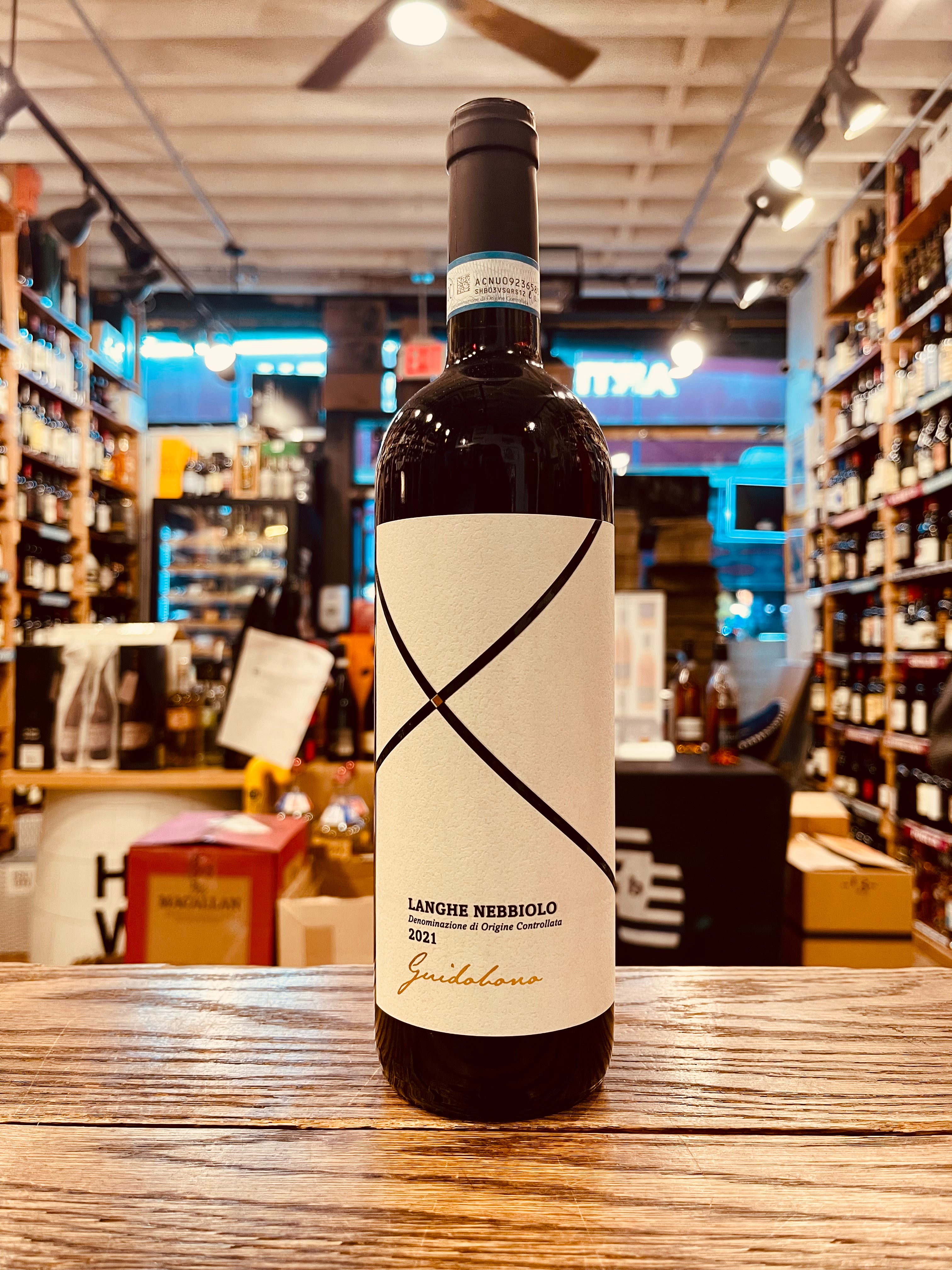 Guidobono Langhe Nebbiolo 750mL tall dark wine bottle with a large white label and black X across the front and black top