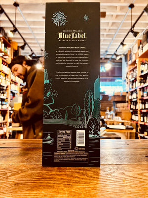 Johnnie Walker Blue Label New York Edition Scotch Whisky 750mL the backside of a tall dark blue box that has silver lettering on it