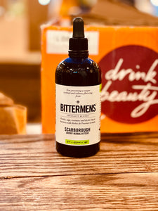Bittermens Scarborough 146ml small blue bottle with white label and a tincture top 