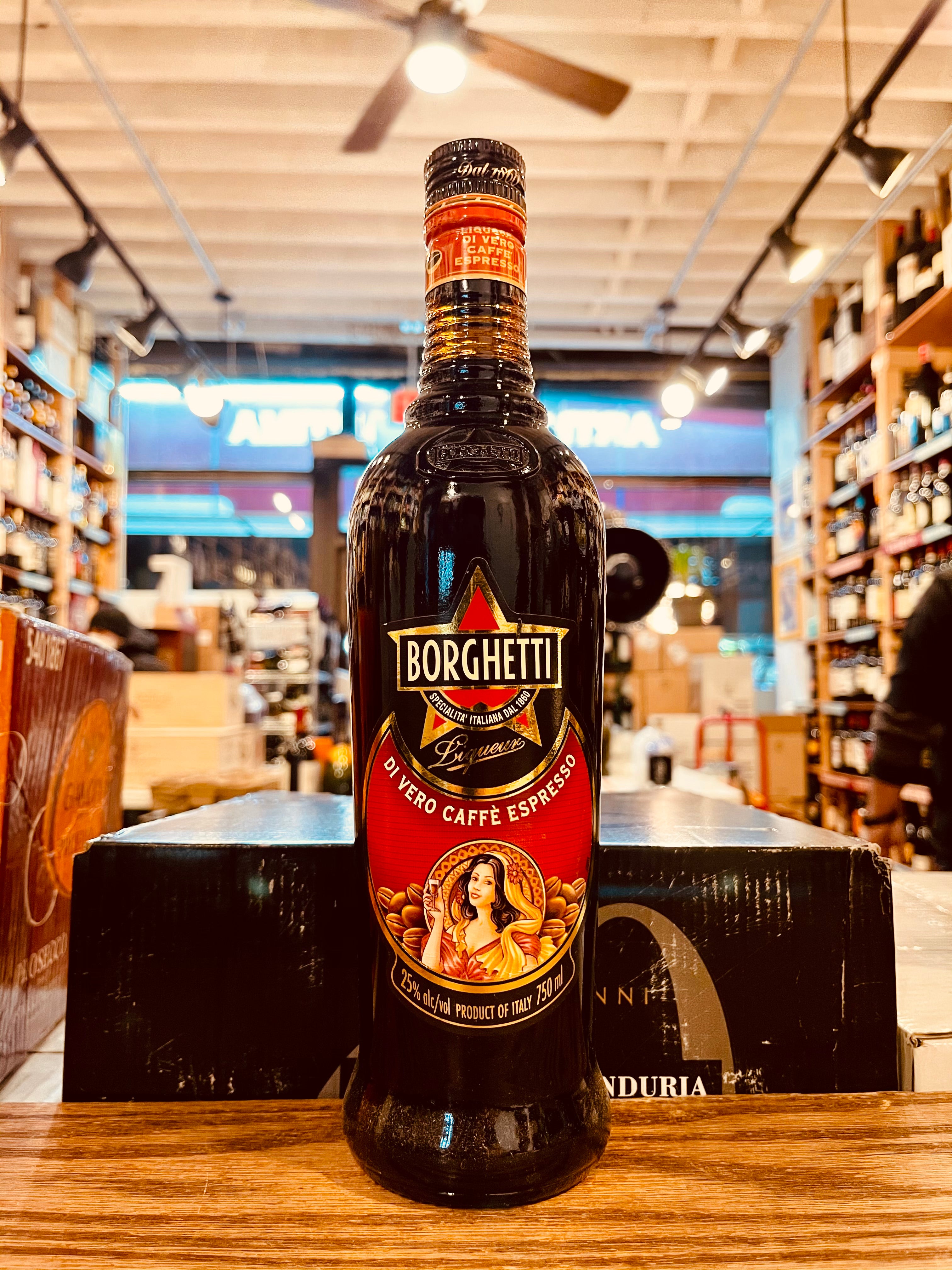 Borghetti Caffe Liquor 750ml black bottle with red label 
