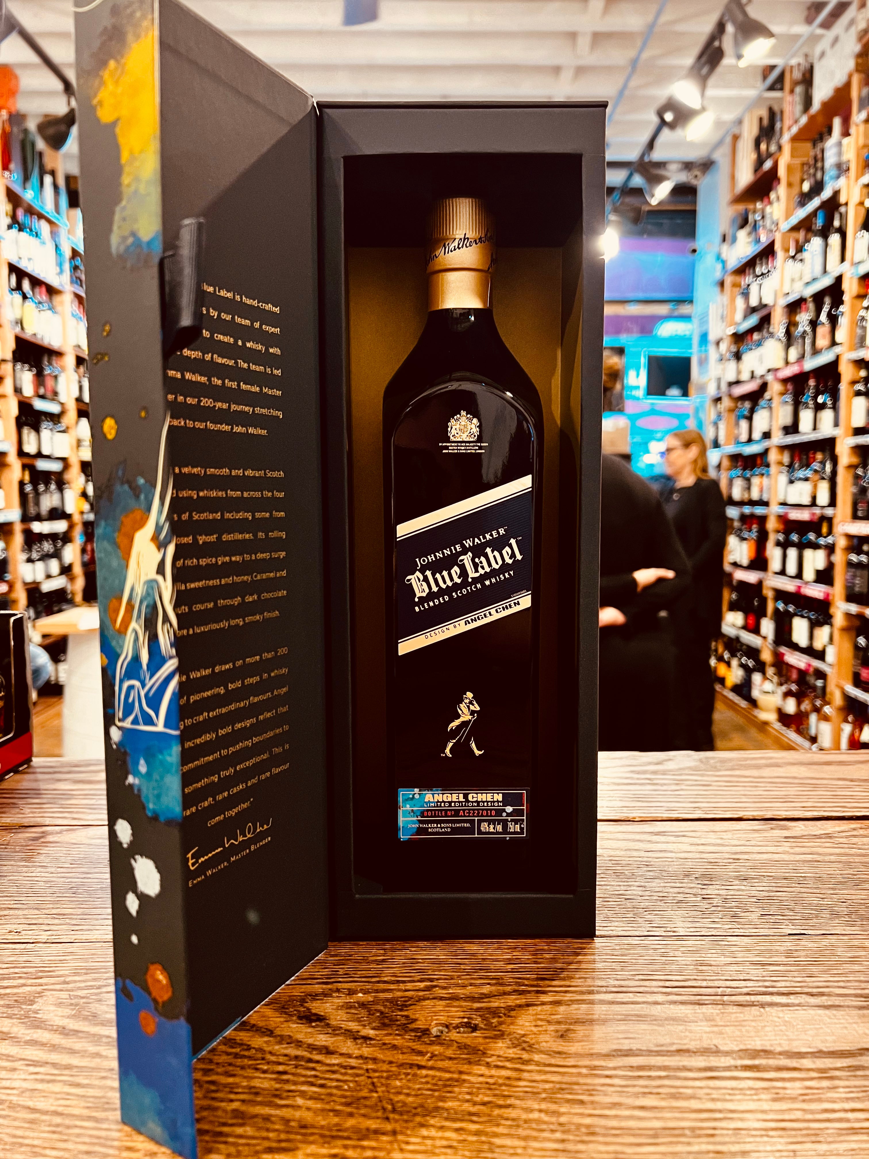 Johnnie Walker Blue Label Year of the Rabbit Scotch Whisky 750mL open blue box with a tall squared blue bottle with a blue and gold label with a golden top