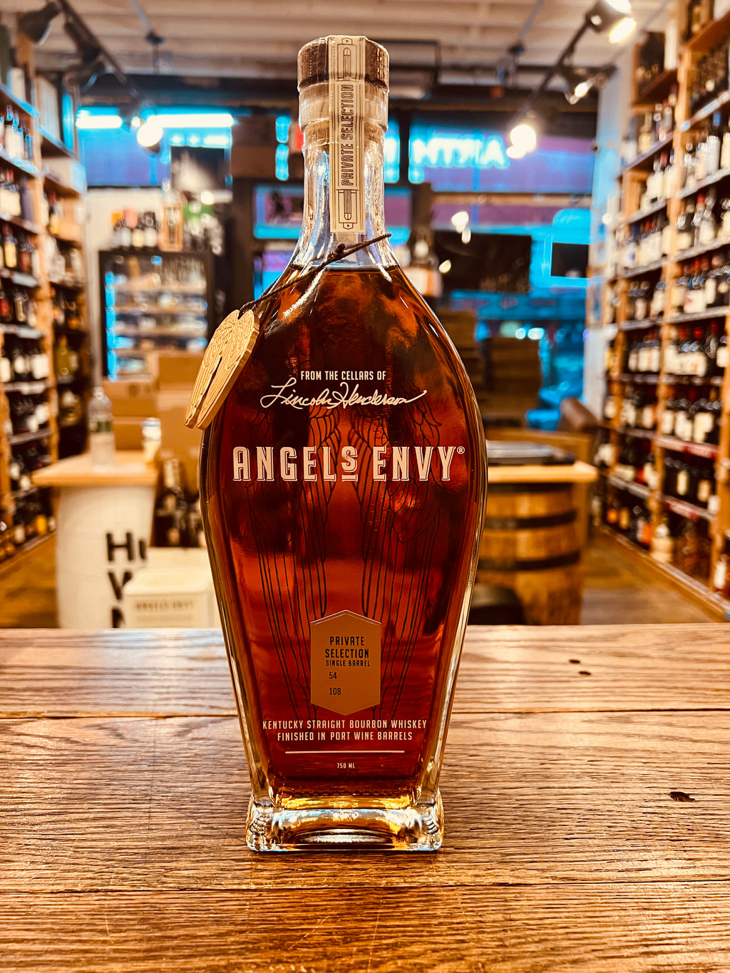Angels Envy Bourbon Single Barrel Private Selection 750mL tall rounded clear front of bottle