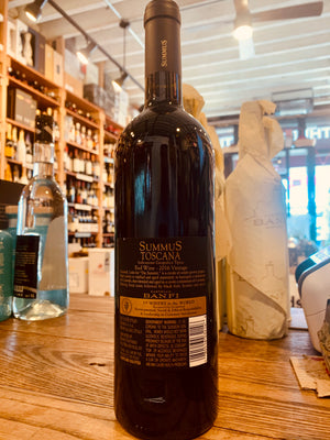 Castello Banfi Summus 750mL the back side of a slender dark wine bottle with a black label
