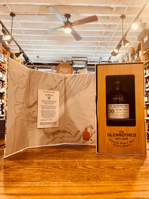 Glenrothes Platinum Single Cask 36Yr 1978 750mL NFT an open white box with a wooden box inside and small squat  round clear bottle inside with a white label