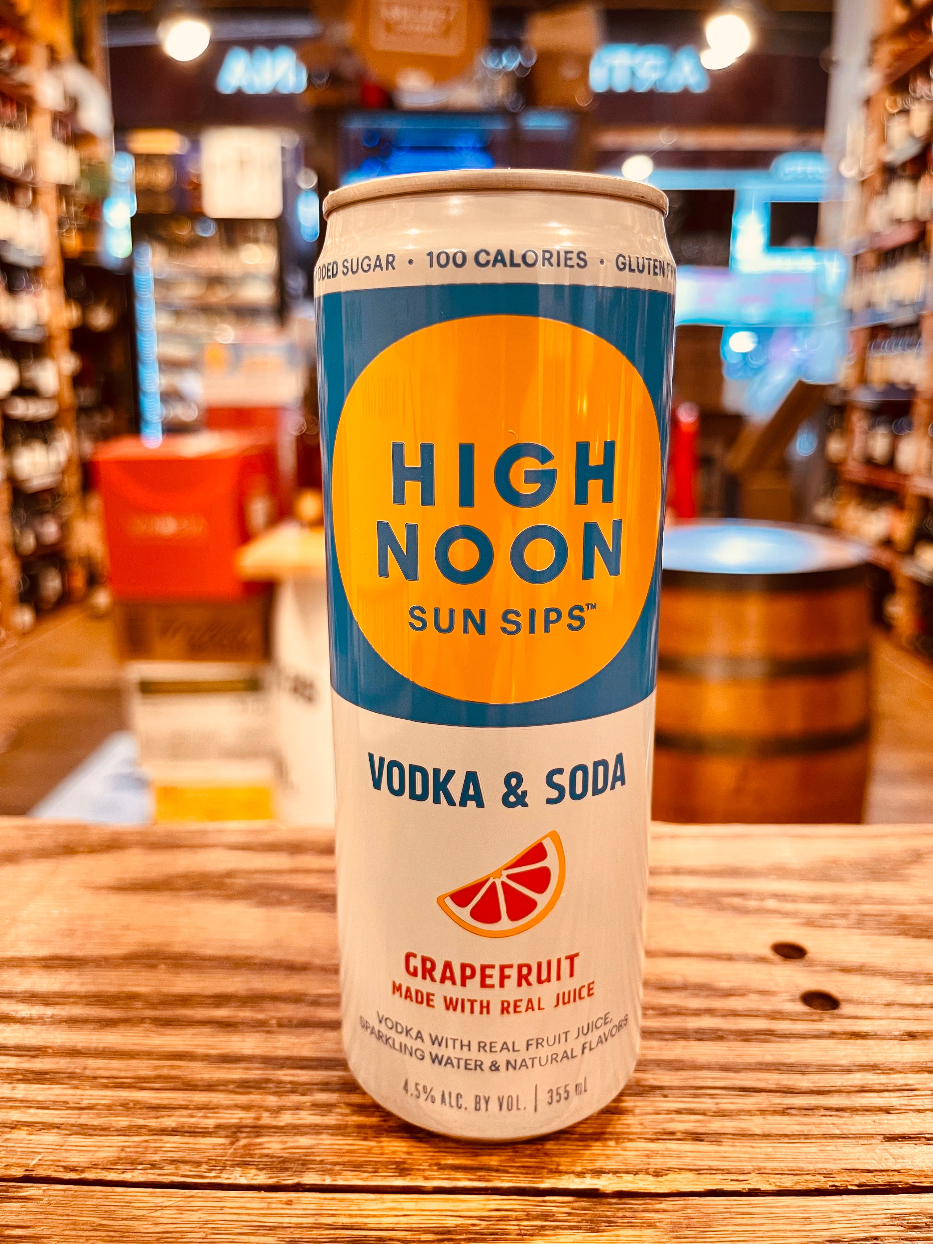 High Noon  Vodka & Soda Grape Fruit 355mL a white and blue slim can 