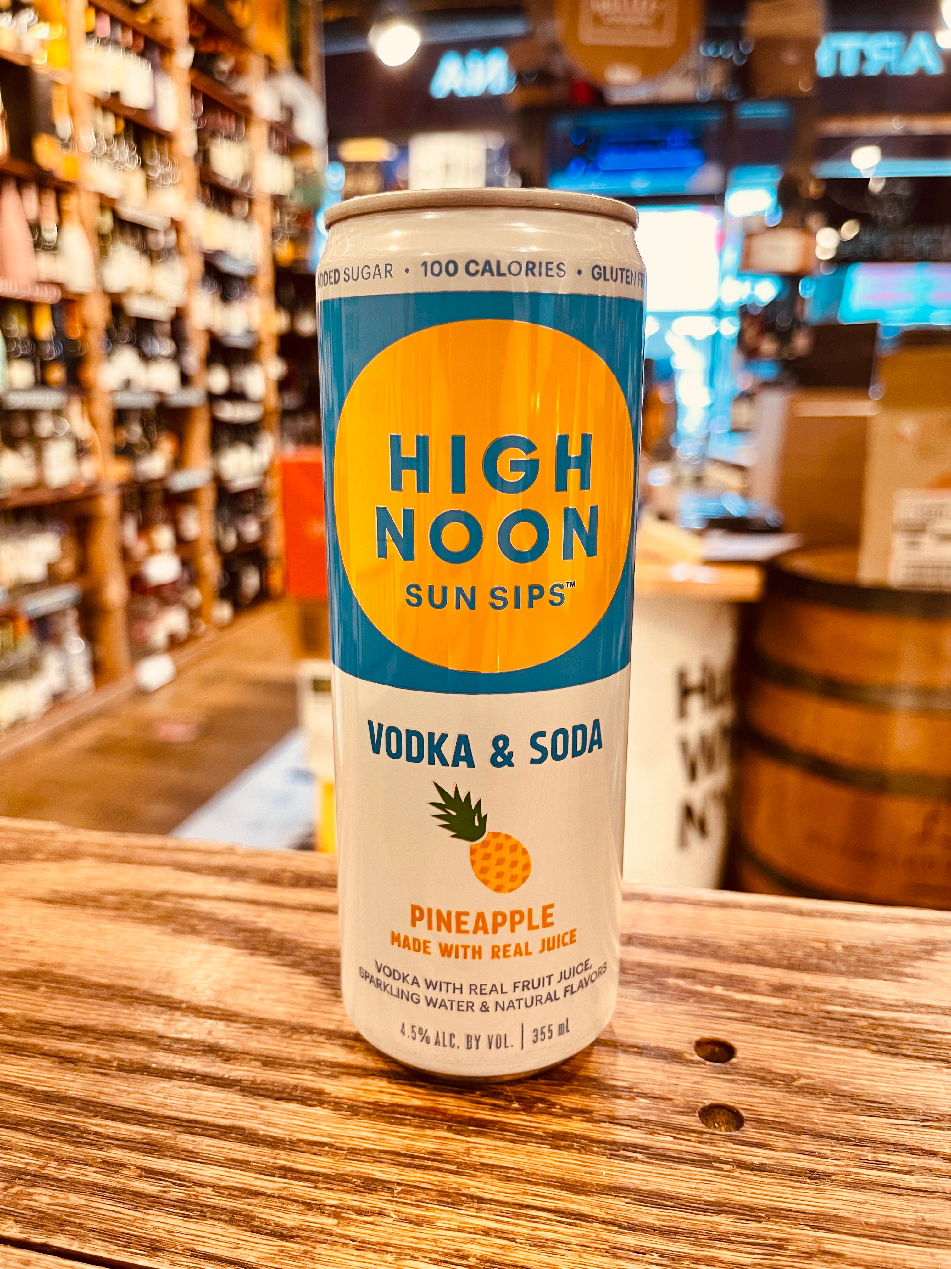 High Noon Vodka & Soda Pineapple 355mL tall slim white and blue can