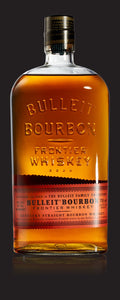 Bulleit Bourbon 1.75L round shouldered clear bottle with an orange label and black top