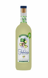 Fabrizia Crema di Pistachio 750mL a tall slender clear bottle with a green liquid and white label with an image of pistachios with a blue top