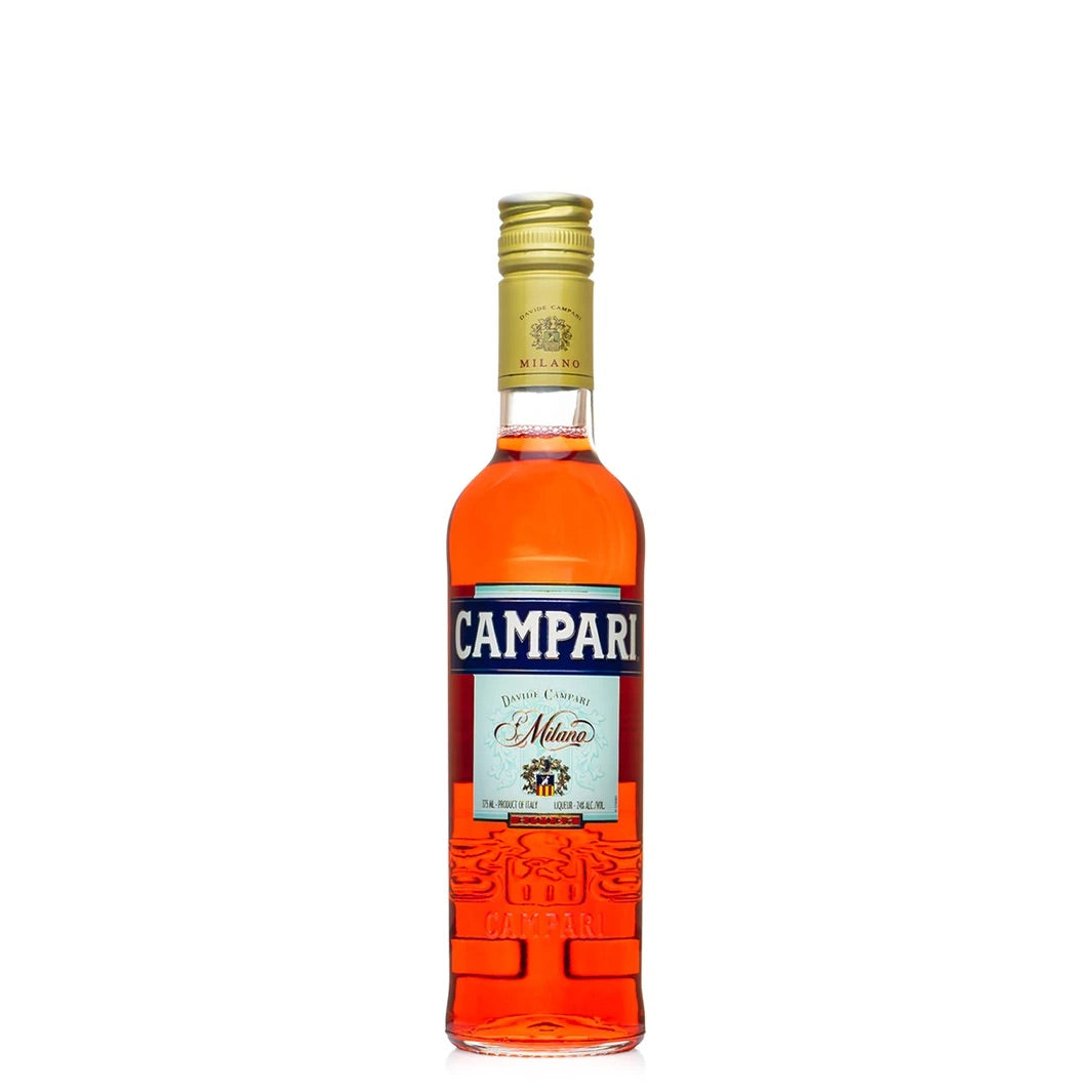 Campari 375mL a small clear bottle with red liquid and a light blue label and gold top