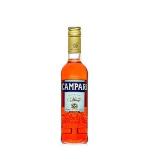 Campari 375mL a small clear bottle with red liquid and a light blue label and gold top
