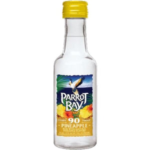 Parrot Bay Pineapple 50mL clear small plastic bottle with a colorful label and a yellow top