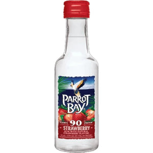 Parrot Bay Strawberry 50mL a small plastic clear bottle with a colorful label and a red top
